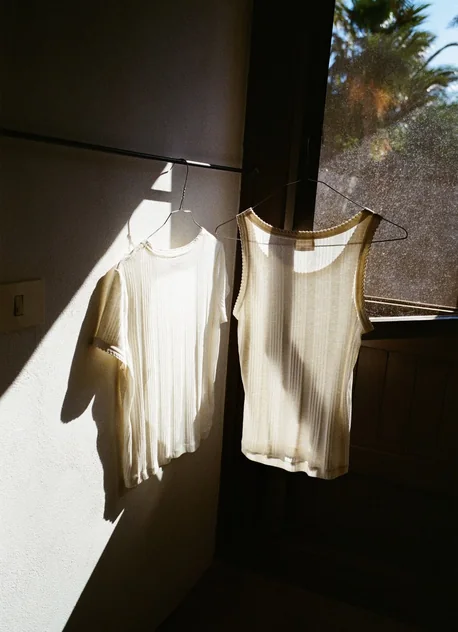 Two cream tops drying in the sun by a window