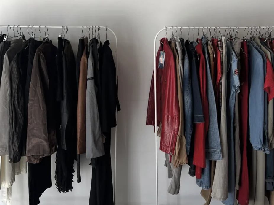 Two rails of second-hand coats, jackets and shirts